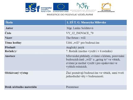 Škola1. ZŠ T. G. Masaryka Milevsko AutorMgr. Lenka Soldátová ČísloVY_32_INOVACE_79 NázevThe future - will Téma hodinyUžití „will“ pro budoucí čas PředmětAnglický.