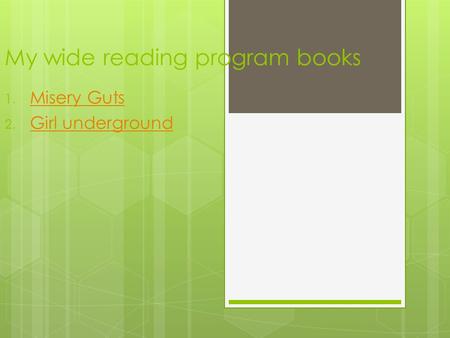 My wide reading program books 1. Misery Guts Misery Guts 2. Girl underground Girl underground.