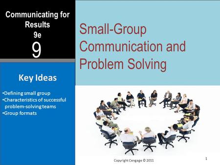 Communicating for Results 9e 9 Key Ideas Defining small group Characteristics of successful problem-solving teams Group formats Small-Group Communication.