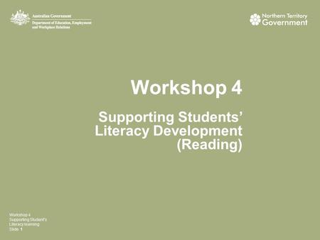 Workshop 4 Supporting Students’ Literacy Development (Reading) Workshop 4 Supporting Student’s Literacy learning Slide 1.