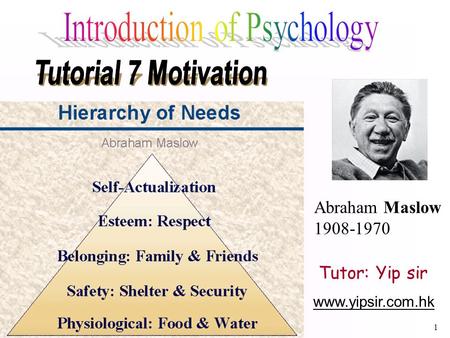 1 www.yipsir.com.hk Tutor: Yip sir Abraham Maslow 1908-1970.