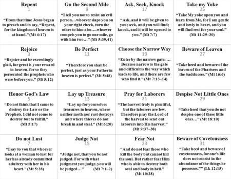 Repent “From that time Jesus began to preach and to say, “Repent, for the kingdom of heaven is at hand.” (Mt 4:17) Go the Second Mile “I tell you not to.