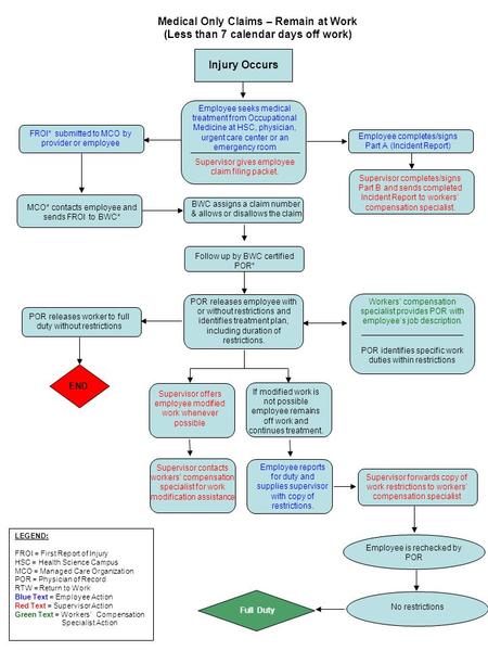 Injury Occurs FROI* submitted to MCO by provider or employee Employee seeks medical treatment from Occupational Medicine at HSC, physician, urgent care.