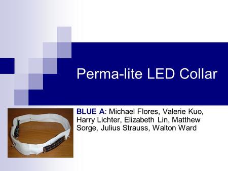 Perma-lite LED Collar BLUE A: Michael Flores, Valerie Kuo, Harry Lichter, Elizabeth Lin, Matthew Sorge, Julius Strauss, Walton Ward.