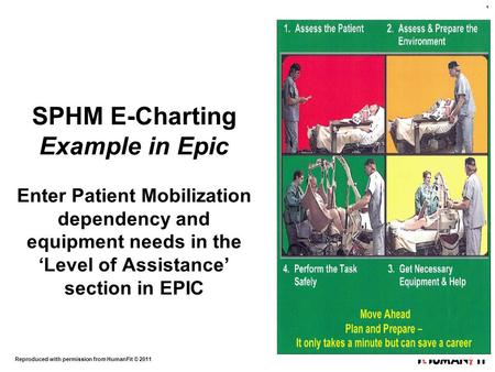 Reproduced with permission from HumanFit © 2011 1 SPHM E-Charting Example in Epic Enter Patient Mobilization dependency and equipment needs in the ‘Level.