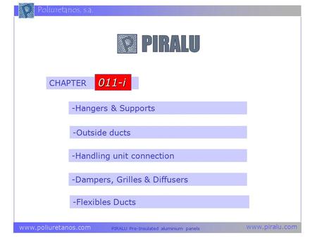 Www.piralu.com PIRALU Pre-Insulated aluminium panels www.poliuretanos.com Poliuretanos, s.a. -Hangers & Supports -Handling unit connection -Dampers, Grilles.