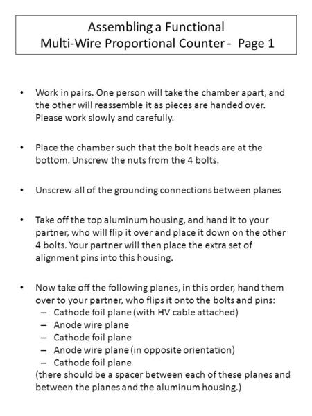 Assembling a Functional Multi-Wire Proportional Counter - Page 1 Work in pairs. One person will take the chamber apart, and the other will reassemble it.