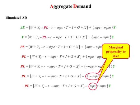 AE = [ W + Y e – PL – r – mpc ∙ T + I + G + X ] + { mpc – mpm } Y Y = [ W + Y e – PL – r – mpc ∙ T + I + G + X ] + { mpc – mpm } Y PL = [ W + Y e – r –