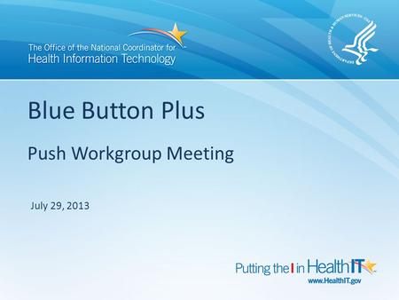 Blue Button Plus Push Workgroup Meeting July 29, 2013.