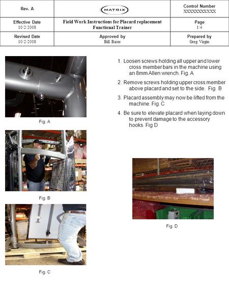 Rev. A Control Number XXXXXXXXXXX Effective Date 10/2/2008 Field Work Instructions for Placard replacement Functional Trainer Page 1/4 Revised Date 10/2/2008.