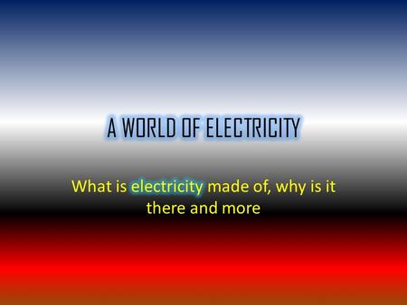 CONTEN TS Introduction What is electricity made of? Static electricity Conductors of electricity Top question Why we need electricity Dangers of electricity.