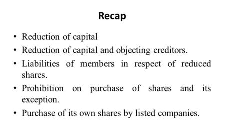 Recap Reduction of capital