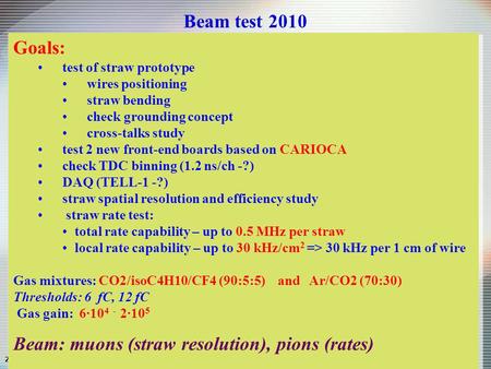 24-Apr-15S.Movchan Straw prototype beam test into the NA48 infrastructure 1 Goals: test of straw prototype wires positioning straw bending check grounding.