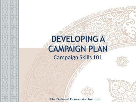 DEVELOPING A CAMPAIGN PLAN DEVELOPING A CAMPAIGN PLAN Campaign Skills 101 The National Democratic Institute.