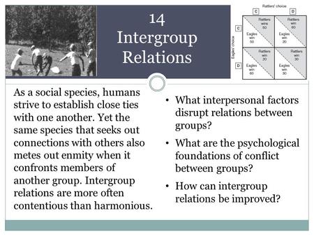 14 Intergroup Relations As a social species, humans strive to establish close ties with one another. Yet the same species that seeks out connections with.