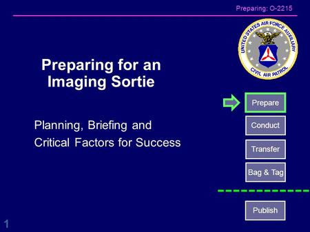 Preparing: O-2215 Planning, Briefing and Critical Factors for Success Preparing for an Imaging Sortie 1 Prepare Conduct Transfer Bag & Tag Publish.