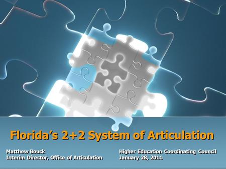 Florida’s 2+2 System of Articulation Matthew BouckHigher Education Coordinating Council Interim Director, Office of ArticulationJanuary 28, 2011 Matthew.