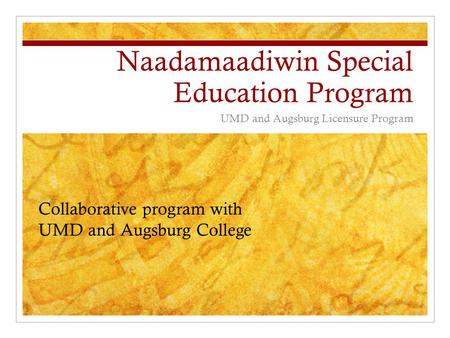 Naadamaadiwin Special Education Program UMD and Augsburg Licensure Program Collaborative program with UMD and Augsburg College.