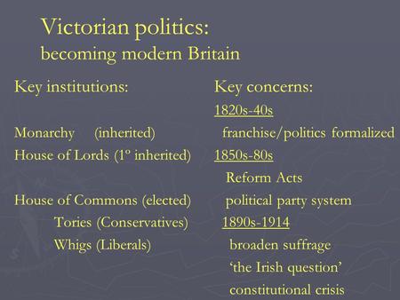 Victorian politics: becoming modern Britain Key institutions:Key concerns: 1820s-40s Monarchy(inherited) franchise/politics formalized House of Lords (1º.