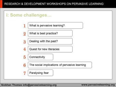 RESEARCH & DEVELOPMENT WORKSHOPS ON PERVASIVE LEARNING Siobhan Thomas i: Some challenges … What is.