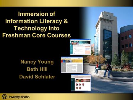 Immersion of Information Literacy & Technology into Freshman Core Courses Nancy Young Beth Hill David Schlater Nancy Young Beth Hill David Schlater.