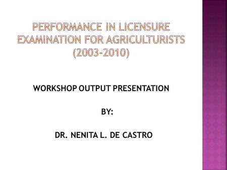 WORKSHOP OUTPUT PRESENTATION BY: DR. NENITA L. DE CASTRO.