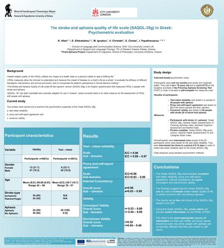 The stroke and aphasia quality of life scale (SAQOL-39g) in Greek: Psychometric evaluation K. Hilari1, 3, E. Efstratiadou1,3, M. Ignatiou1, V. Christaki1,