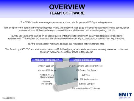 OVERVIEW TEAM5 SOFTWARE The TEAM5 software manages personnel and test data for personal ESD grounding devices. Test and personnel data may be viewed/reported.