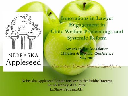 Innovations in Lawyer Engagement in Child Welfare Proceedings and Systemic Reform American Bar Association Children & the Law Conference May 2009 Nebraska.