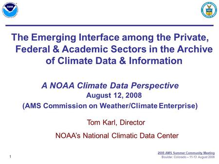 1 2008 AMS Summer Community Meeting Boulder, Colorado – 11-13 August 2008 The Emerging Interface among the Private, Federal & Academic Sectors in the Archive.