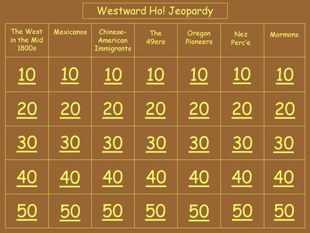 Westward Ho! Jeopardy 40 50 30 20 10 The West in the Mid 1800s Mexicanos Chinese- American Immigrants The 49ers Oregon Pioneers Nez Perc’e Mormons.