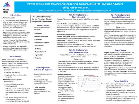 Power Tactics, Role Playing and Leadership Opportunities for Physician Advisors Jeffrey Farber, MD, MBA Chief Medical Officer, Mount Sinai Care, LLC Mount.