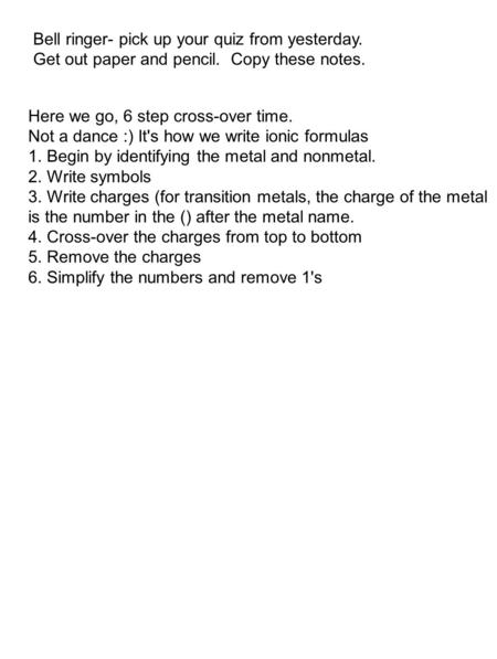 Here we go, 6 step cross-over time. Not a dance :) It's how we write ionic formulas 1. Begin by identifying the metal and nonmetal. 2. Write symbols 3.