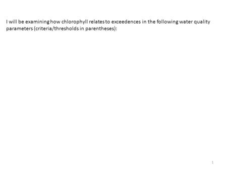 I will be examining how chlorophyll relates to exceedences in the following water quality parameters (criteria/thresholds in parentheses): 1.