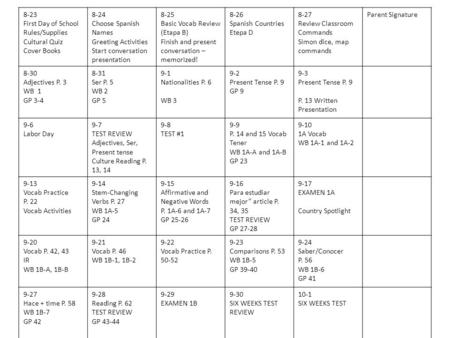 8-23 First Day of School Rules/Supplies Cultural Quiz Cover Books 8-24 Choose Spanish Names Greeting Activities Start conversation presentation 8-25 Basic.