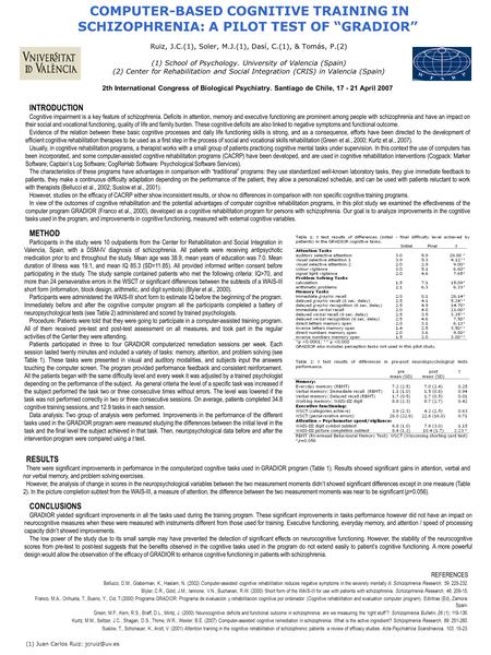 COMPUTER-BASED COGNITIVE TRAINING IN SCHIZOPHRENIA: A PILOT TEST OF “GRADIOR” Ruiz, J.C.(1), Soler, M.J.(1), Dasí, C.(1), & Tomás, P.(2) (1) School of.