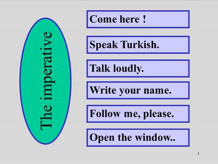 1 Come here ! Speak Turkish. Talk loudly. Write your name. Follow me, please. Open the window.. The imperative.