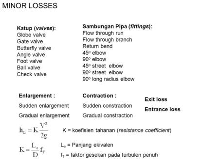 MINOR LOSSES Sambungan Pipa (fittings): Flow through run