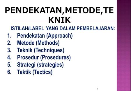 1 PENDEKATAN,METODE,TE KNIK e ISTILAH/LABEL YANG DALAM PEMBELAJARAN: 1.Pendekatan (Approach) 2.Metode (Methods) 3.Teknik (Techniques) 4.Prosedur (Prosedures)