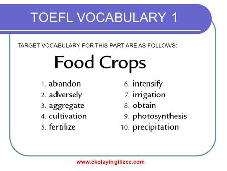 Www.ekolayingilizce.com TOEFL VOCABULARY 1 TARGET VOCABULARY FOR THIS PART ARE AS FOLLOWS: