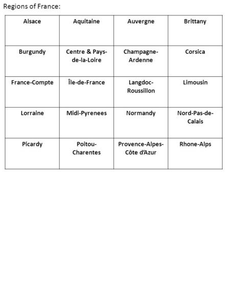 Regions of France: AlsaceAquitaineAuvergneBrittany BurgundyCentre & Pays- de-la-Loire Champagne- Ardenne Corsica France-CompteÎle-de-FranceLangdoc- Roussillon.