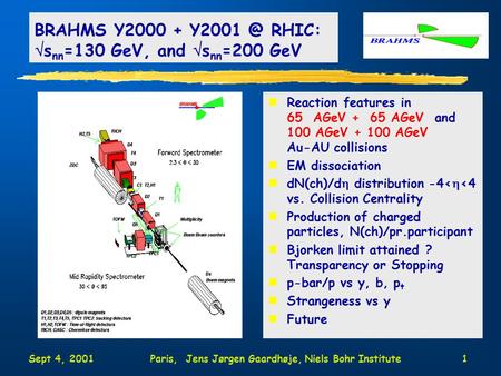 Sept 4, 2001Paris, Jens Jørgen Gaardhøje, Niels Bohr Institute1 nReaction features in 65 AGeV + 65 AGeV and 100 AGeV + 100 AGeV Au-AU collisions nEM dissociation.