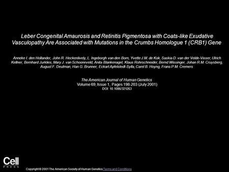 Leber Congenital Amaurosis and Retinitis Pigmentosa with Coats-like Exudative Vasculopathy Are Associated with Mutations in the Crumbs Homologue 1 (CRB1)