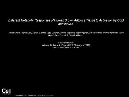 Different Metabolic Responses of Human Brown Adipose Tissue to Activation by Cold and Insulin Janne Orava, Pirjo Nuutila, Martin E. Lidell, Vesa Oikonen,