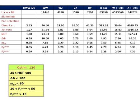 HWW120WWWZZZtWtt barW + jetsZ + jets L x σ x BR11440499015206200836506513360647024 Skimming Pre-selection Dimu f.s.2.2546.5022.9018.5046.36515.6330.044029.45.