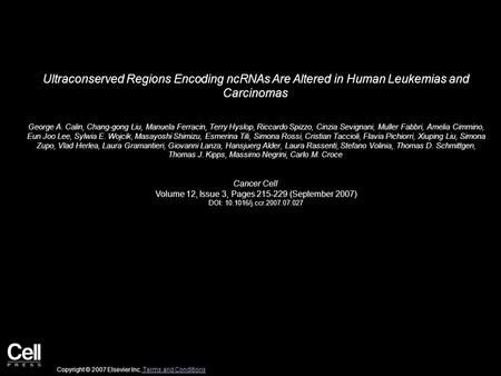 Ultraconserved Regions Encoding ncRNAs Are Altered in Human Leukemias and Carcinomas George A. Calin, Chang-gong Liu, Manuela Ferracin, Terry Hyslop, Riccardo.