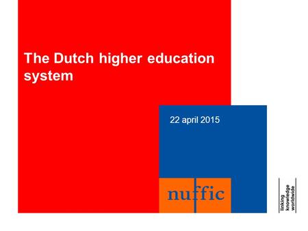 22 april 2015 The Dutch higher education system. 22 april 20152 Higher education in Holland 14 research-oriented universities (Ba/Ma/PhD) Train students.