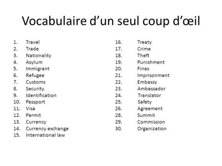 Vocabulaire d’un seul coup d’œil 1.Travel 2.Trade 3.Nationality 4.Asylum 5.Immigrant 6.Refugee 7.Customs 8.Security 9.Identification 10.Passport 11.Visa.