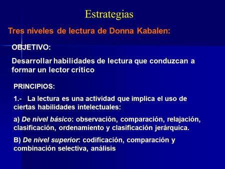 Estrategias Tres niveles de lectura de Donna Kabalen: OBJETIVO: