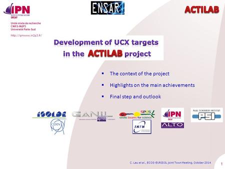 1 Unité mixte de recherche CNRS-IN2P3 Université Paris-Sud  C. Lau et al., ECOS-EURISOL joint Town Meeting, October 2014  The context.